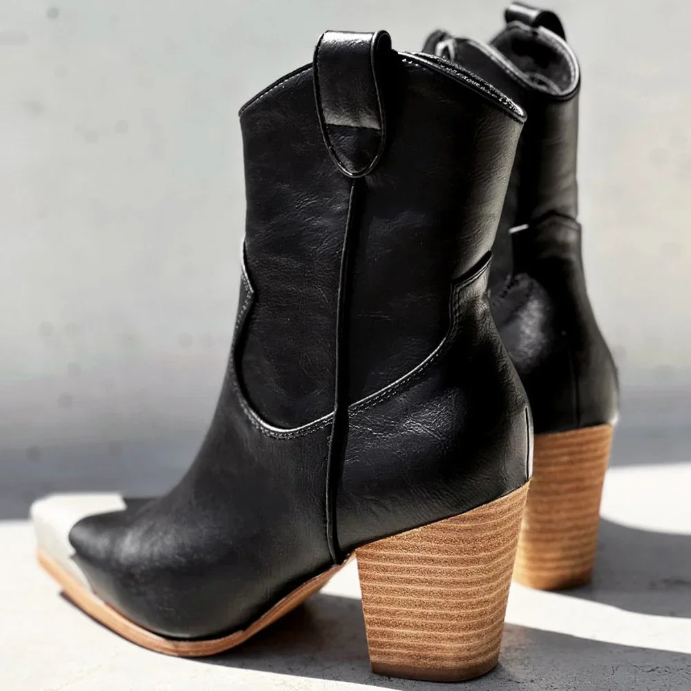 NEW Black PU Leather Metal Cap Toe Block Heel Cowgirl Cowboy Western Ankle Boots - Picture 9 of 14